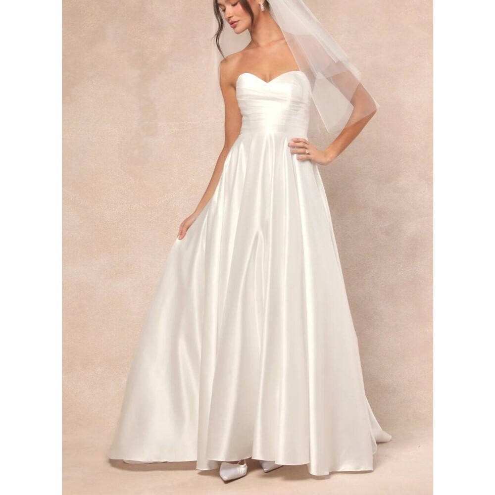 Lulus Khalida White Satin Pleated Strapless Gown Size Medium